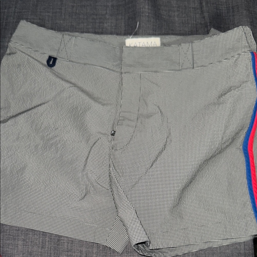 Gray Checkered Men's Shorts with Red and Blue Stripes